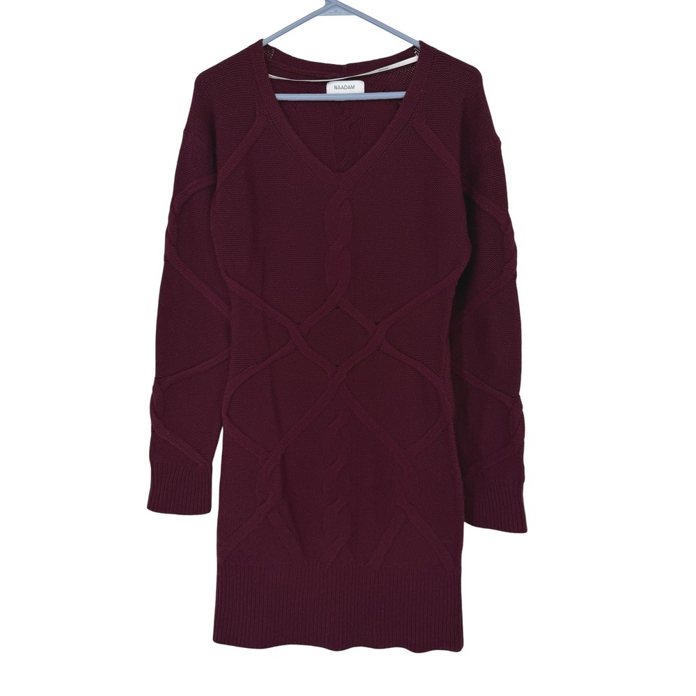 Naadam Burgundy Wool Cashmere Cable Knit V-Neck Sweater Dress Mini Large L